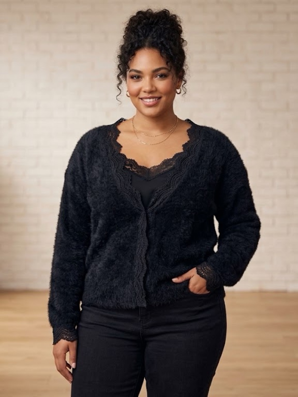 Black Lace-Trim V-Neck Fuzzy Cardigan
